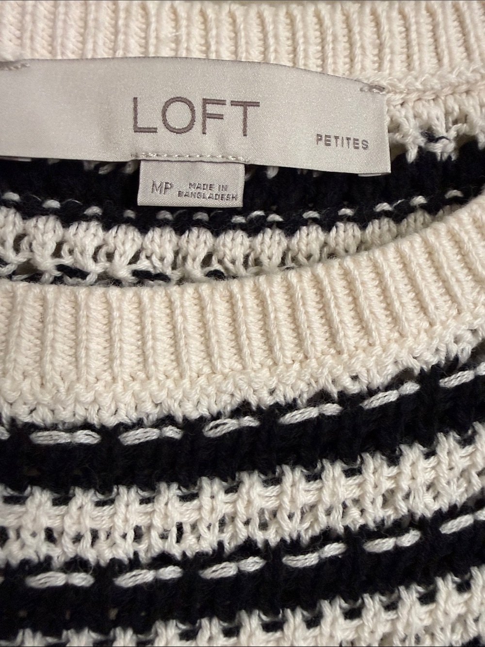 LOFT Petites MP Black Cream Striped 100% Cotton Open Knit Sweater - Picture 3 of 6